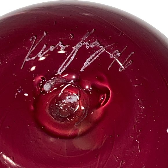 Blown Art Glass Bowl Dish Studio Signed Rust Burgundy Round Clear Handle - Picture 7 of 7